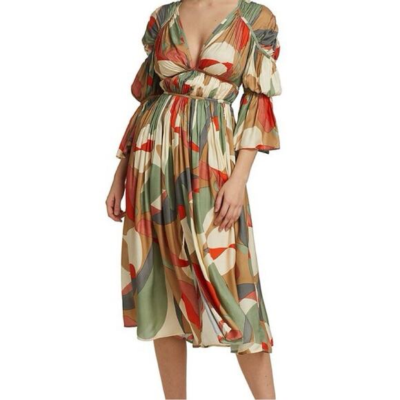 NWT Cult Gaia Anysia Silk Blend Midi Dress Abstract Print Puff Sleeve XS - Picture 7 of 8